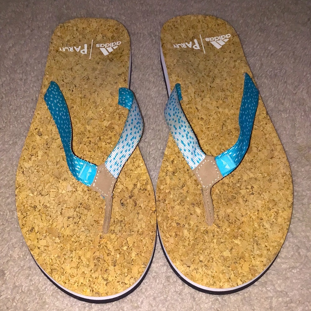 Adidas Cork Flip Flops with Blue Straps